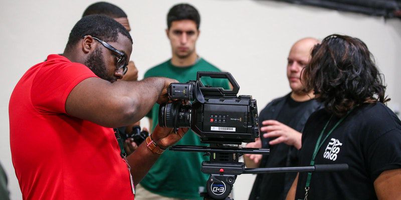 Film Crew Team Filming Movie Scenes On Studio.